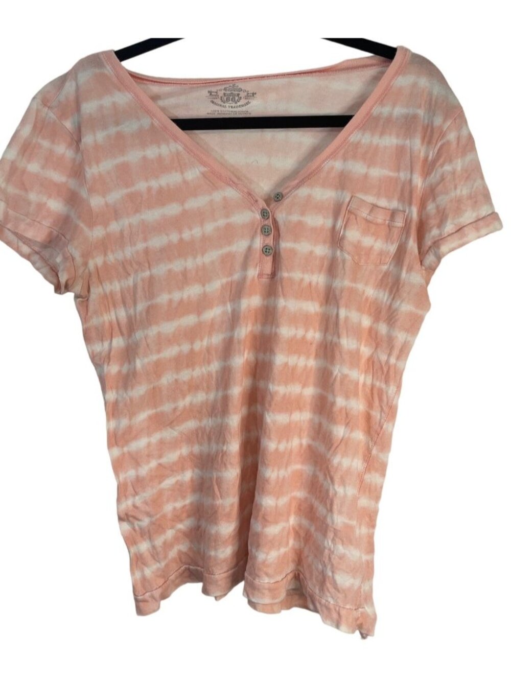 Route 66 short sleeve shirt stripped 1/4 button v-neck pink white sheer xl READ